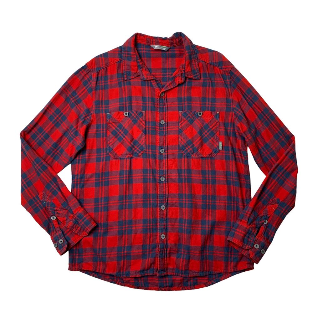 Stio Shirt Mens L Large Red Navy Miter Stretch Lightweight Flannel Pockets